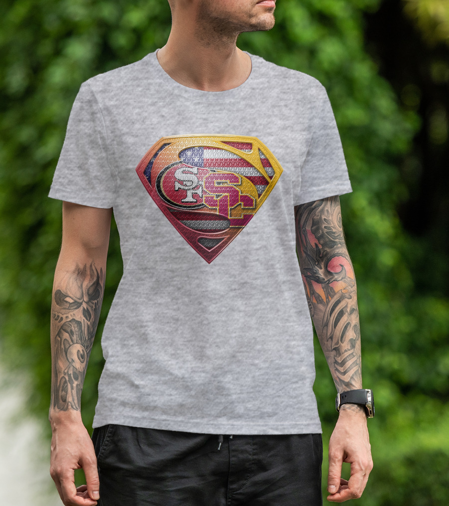 Superman Shield With San Francisco And Usc Logos Merged Over American Flag T-Shirt