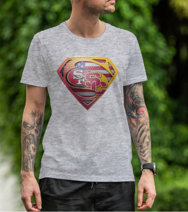 Superman Shield With San Francisco And Usc Logos Merged Over American Flag T-Shirt