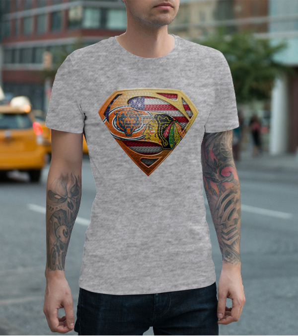 Chicago Bears Blackhawks American Flag Superman T-Shirt