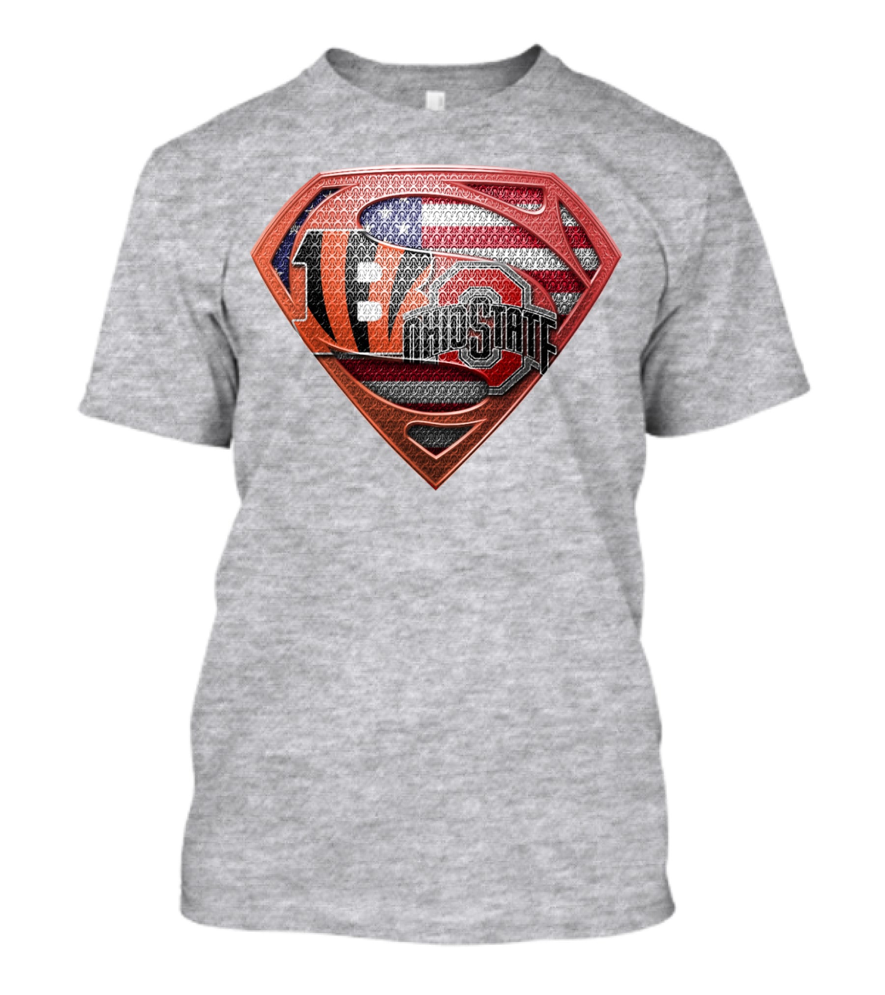 Superman Shield With Cincinnati Bengals Tiger Stripes Ohio State Logo And American Flag T-Shirt