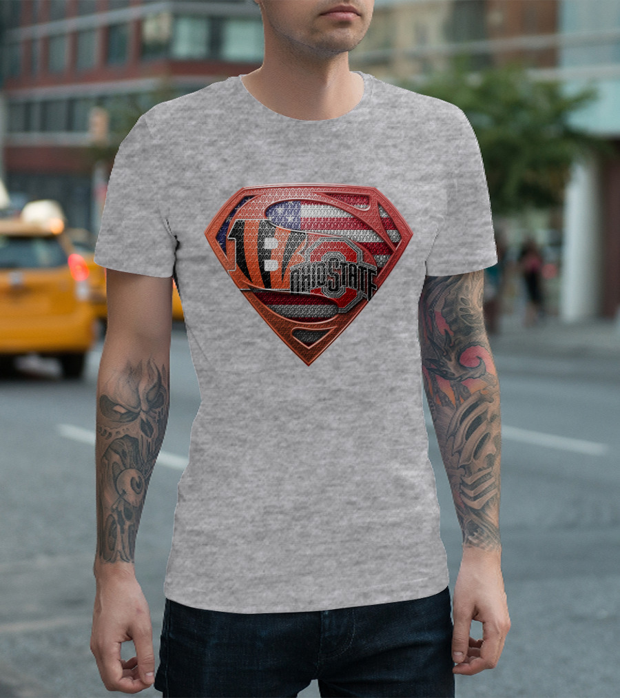 Superman Shield With Cincinnati Bengals Tiger Stripes Ohio State Logo And American Flag T-Shirt
