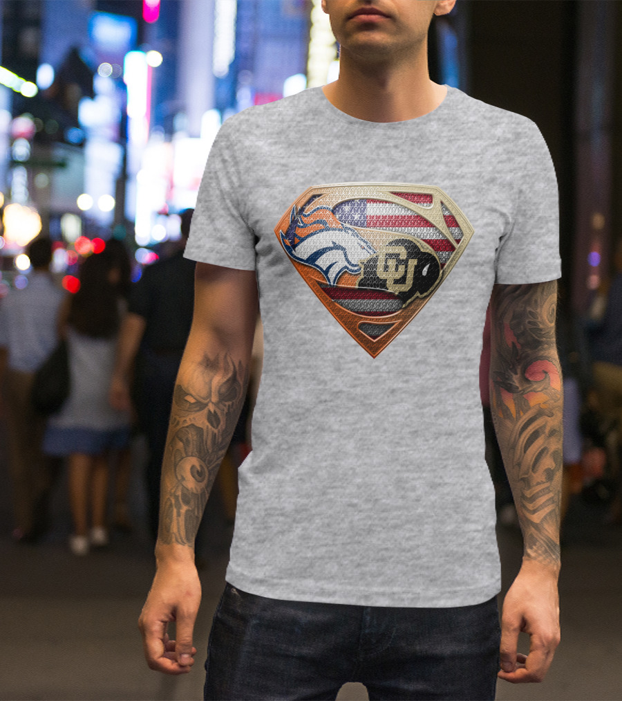 Denver Broncos Colorado Buffaloes American Flag Superman Logo Mashup T-Shirt