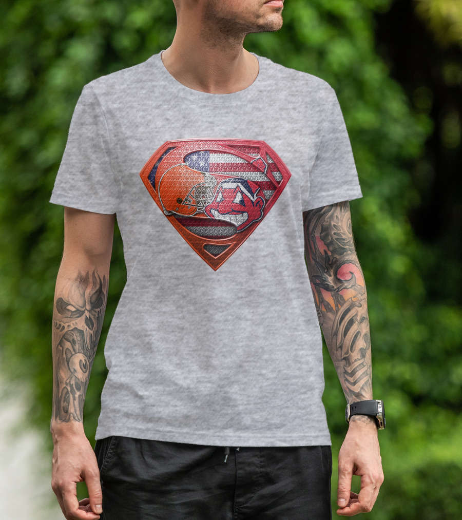 Superman Shield Cleveland Browns Helmet Chief Wahoo American Flag T-Shirt