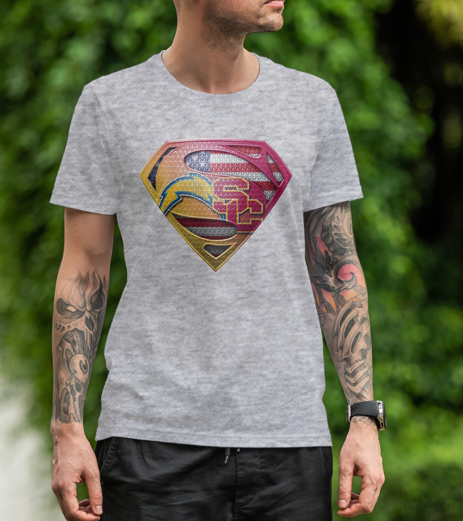 Superman Chargers Trojans American Flag Emblem On Gray T-Shirt