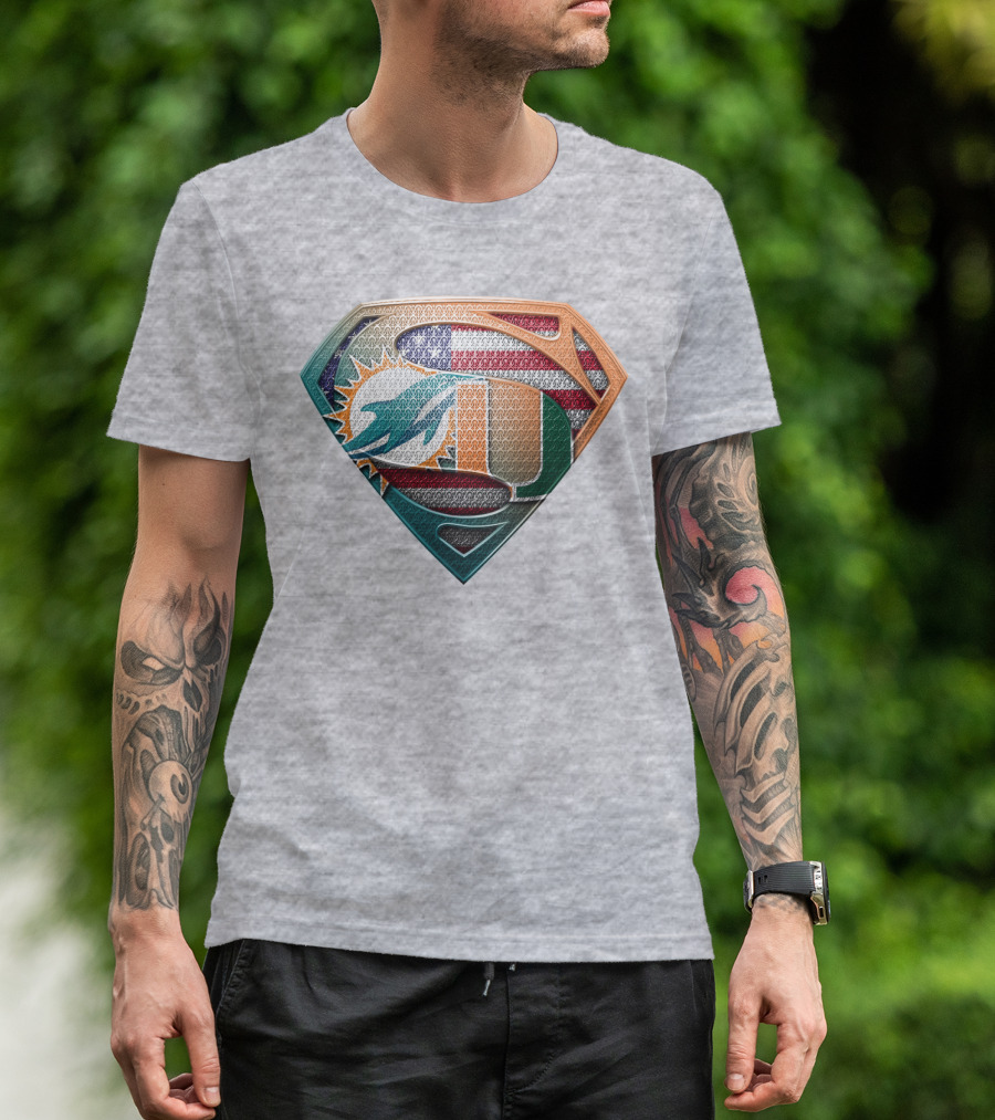 Miami Dolphins University Of Miami Superman Logo With American Flag T-Shirt