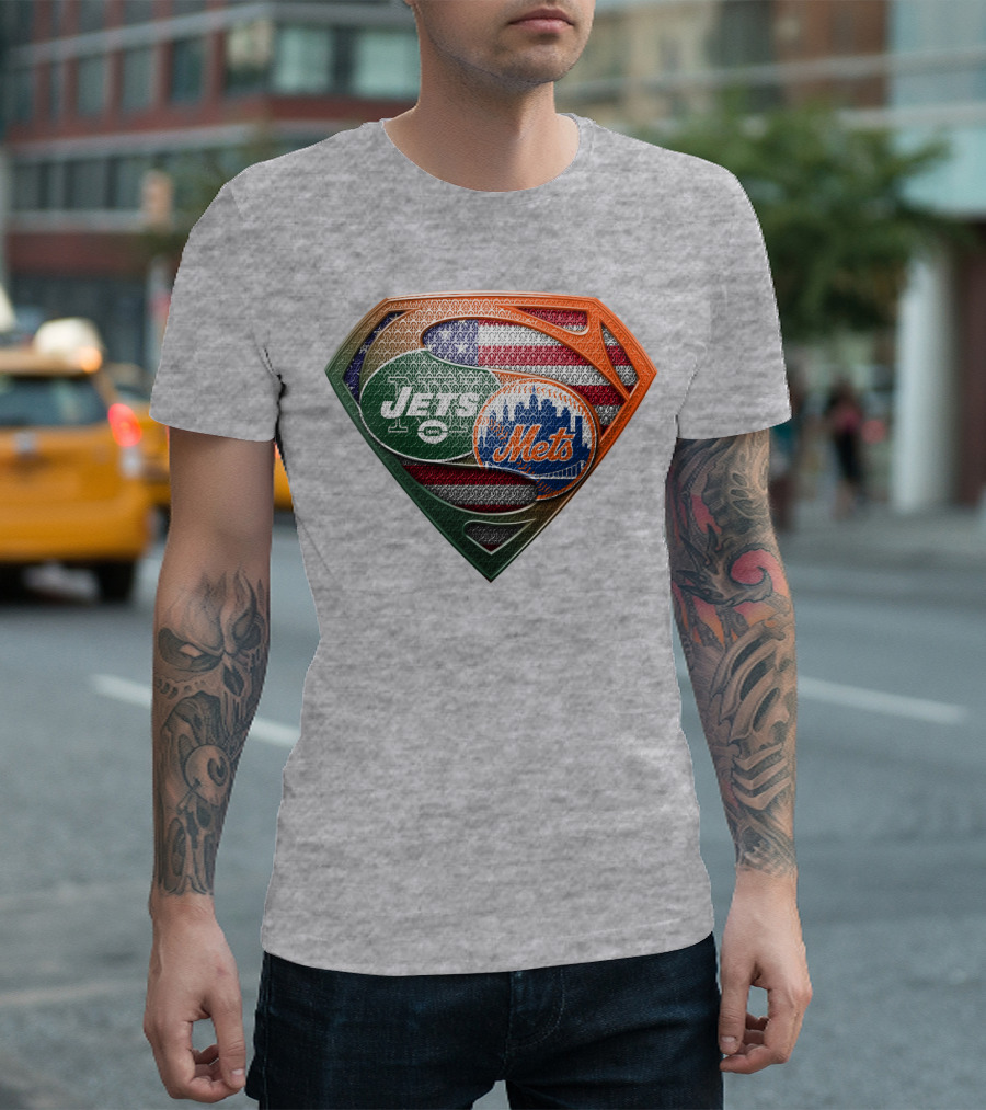 New York Jets Mets Logo With American Flag And Superman Shield T-Shirt