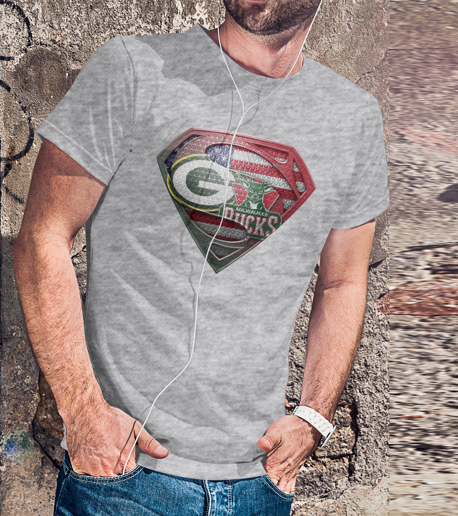 Green Bay Milwaukee Bucks Superman American Flag T-Shirt