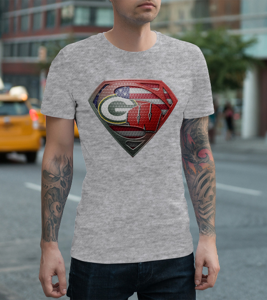 Green Bay Packers Wisconsin Badgers American Flag Superman Shield T-Shirt