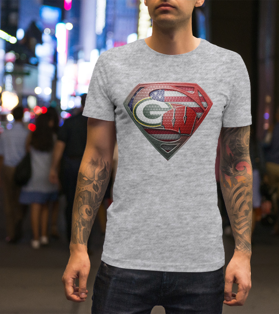 Green Bay Packers Wisconsin Badgers American Flag Superman Shield T-Shirt