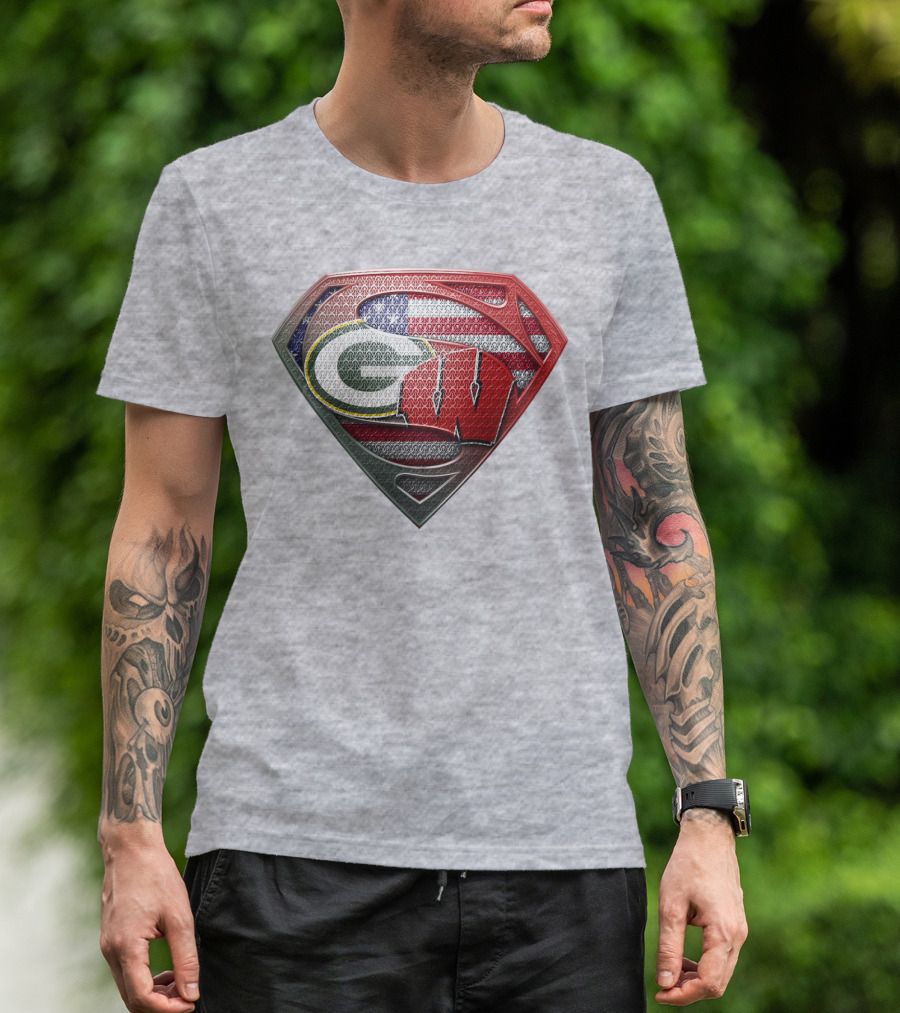Green Bay Packers Wisconsin Badgers American Flag Superman Shield T-Shirt