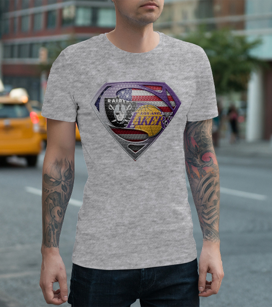 Los Angeles Lakers Raiders American Flag Superman Shield T-Shirt