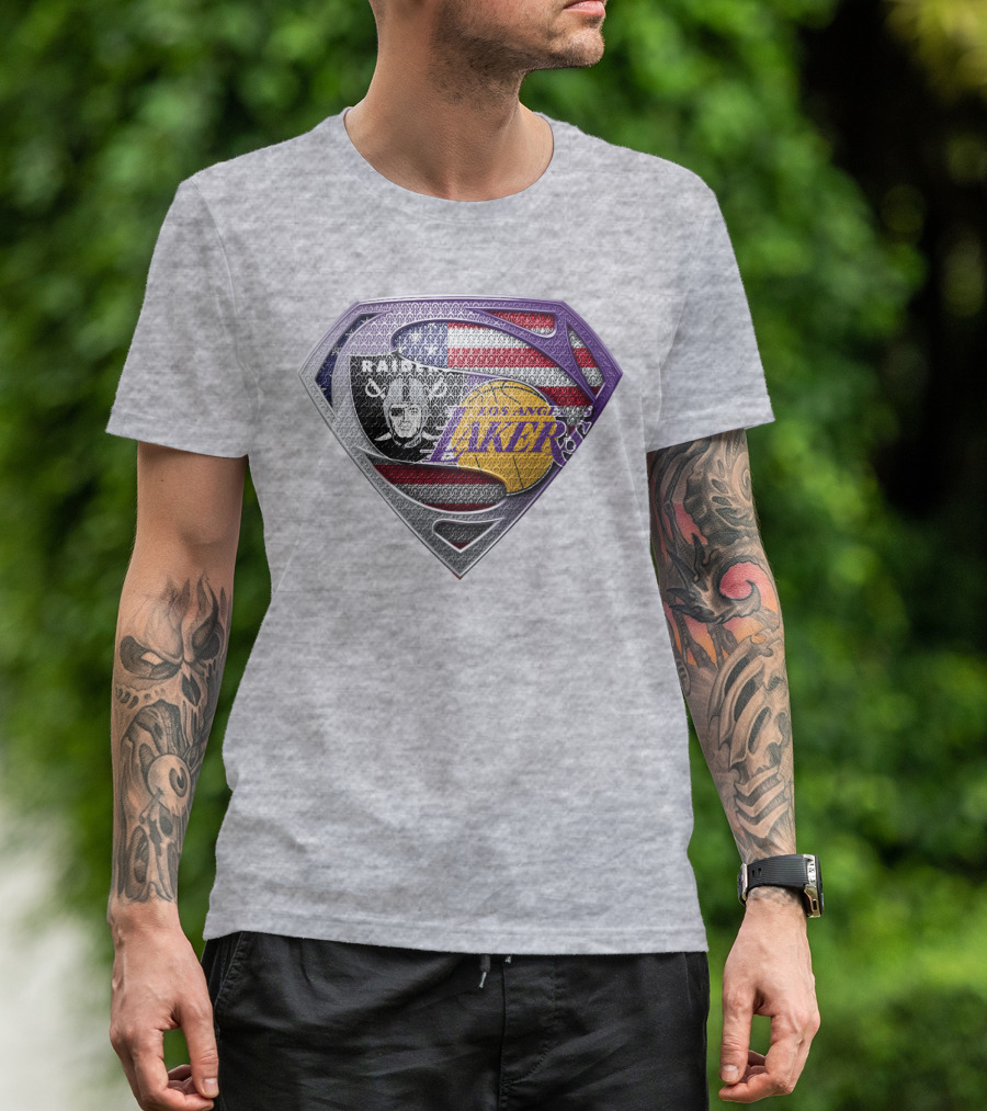 Los Angeles Lakers Raiders American Flag Superman Shield T-Shirt