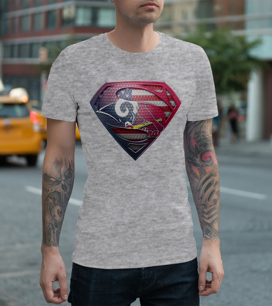 Superman Logo With St. Louis Rams And Cardinals Nfl And Mlb Team Fusion T-Shirt
