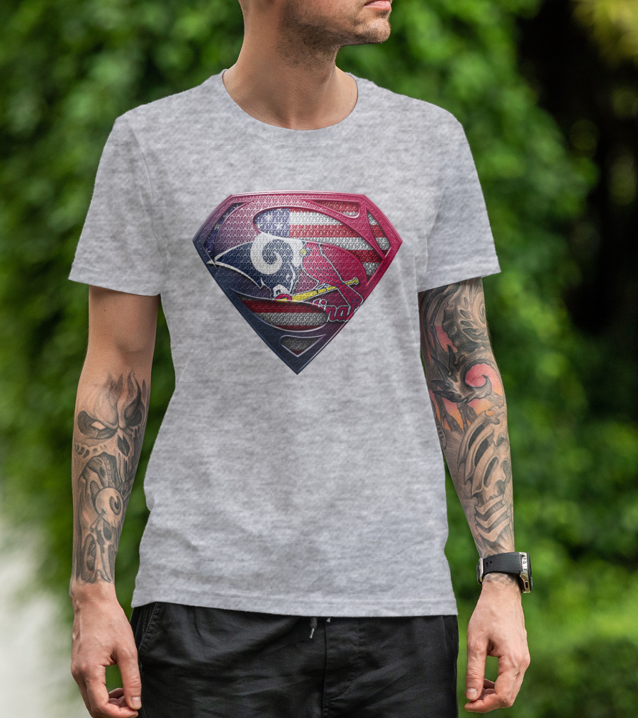 Superman Logo With St. Louis Rams And Cardinals Nfl And Mlb Team Fusion T-Shirt