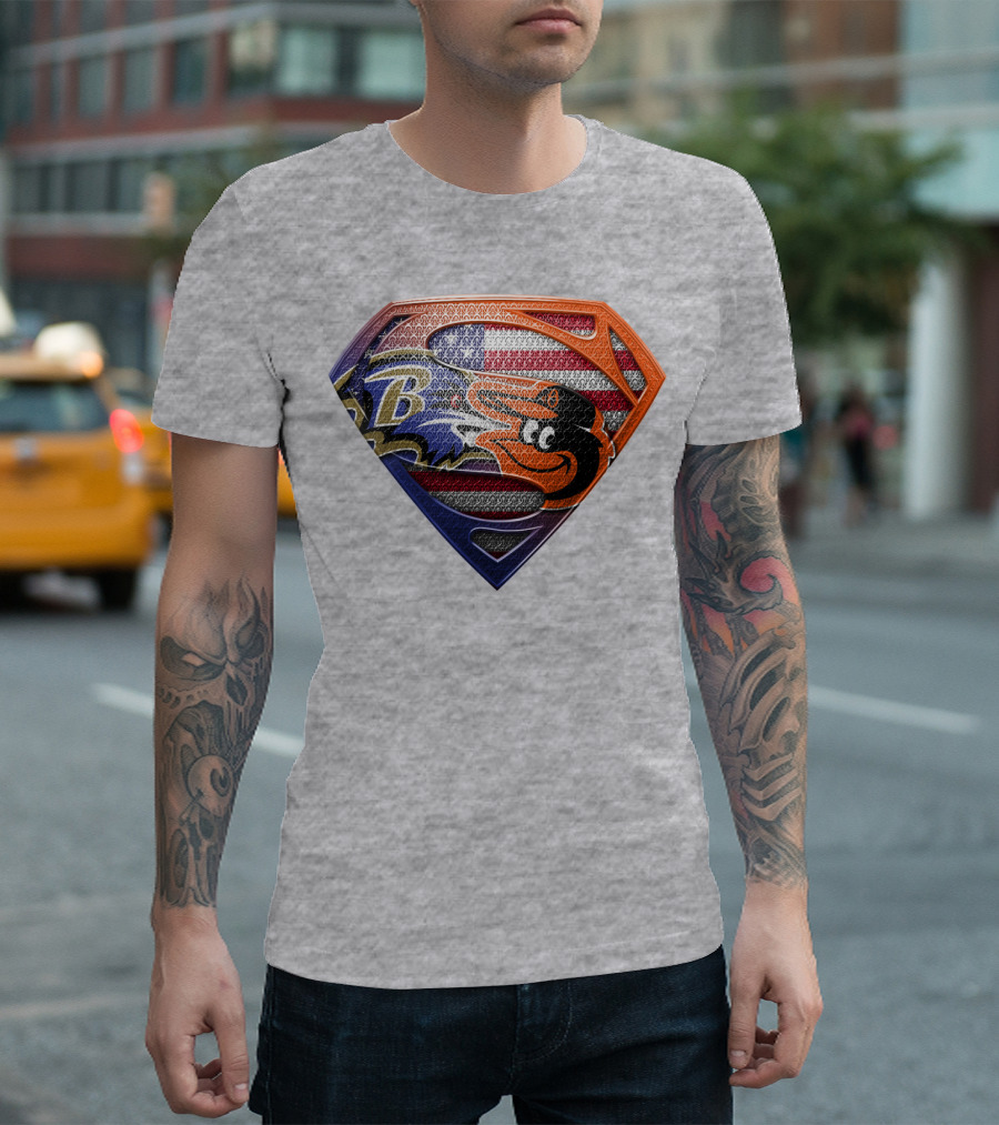 Baltimore Ravens Orioles American Flag Superman Shield T-Shirt