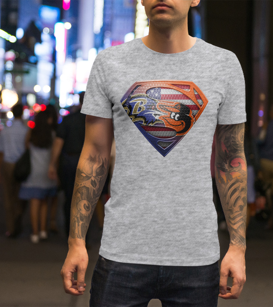 Baltimore Ravens Orioles American Flag Superman Shield T-Shirt