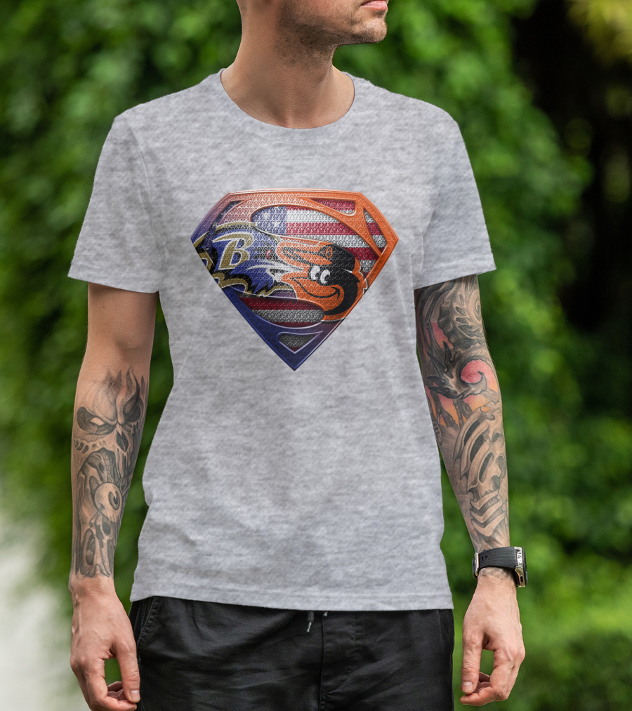 Baltimore Ravens Orioles American Flag Superman Shield T-Shirt