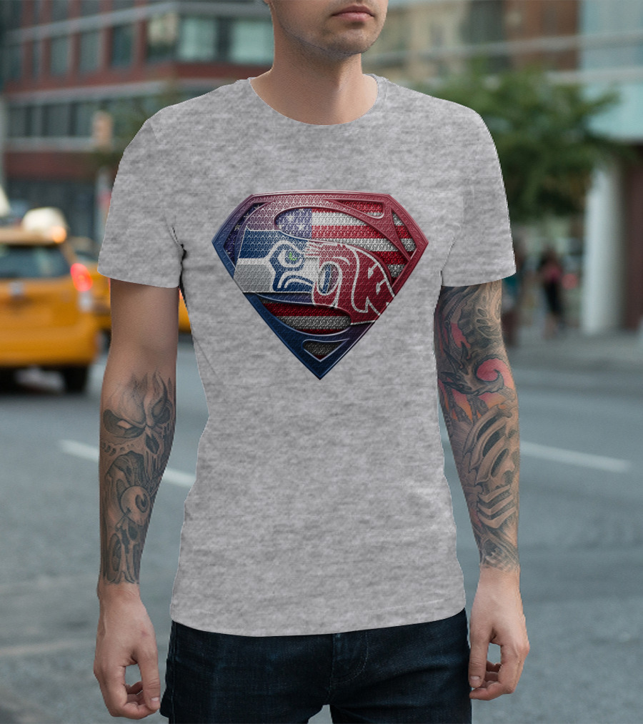 Seahawks Cougars Superman Shield Usa Flag T-Shirt
