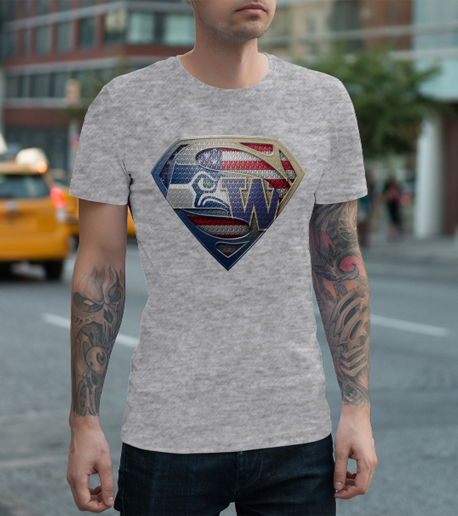 Superman Logo Seahawks W American Flag Hybrid T-Shirt
