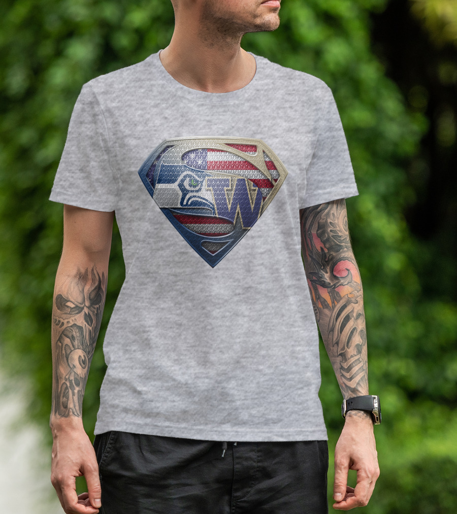 Superman Logo Seahawks W American Flag Hybrid T-Shirt