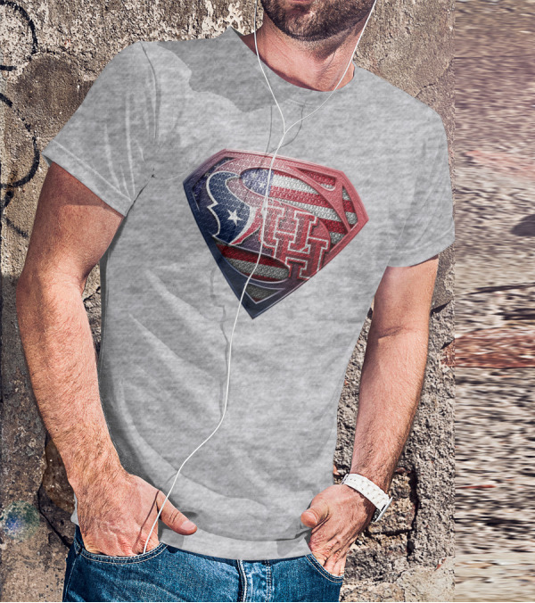 Houston Texans And University Of Houston Super Shield With American Flag T-Shirt