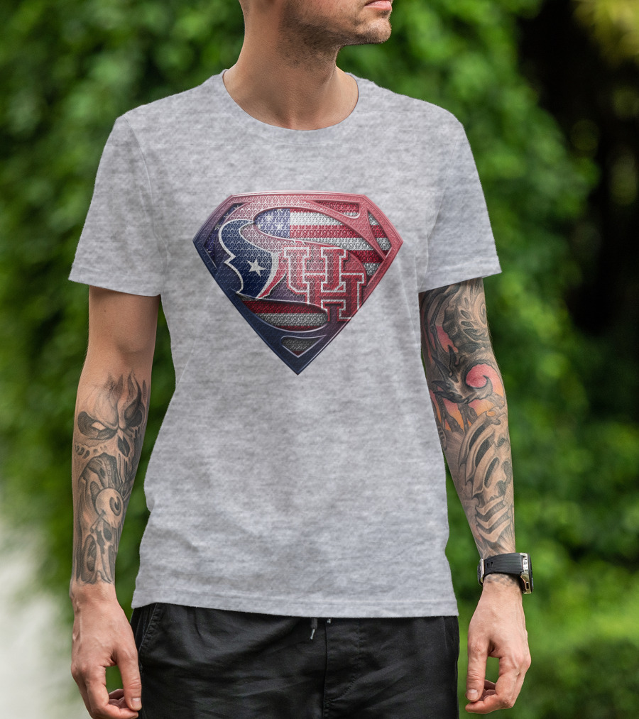 Houston Texans And University Of Houston Super Shield With American Flag T-Shirt