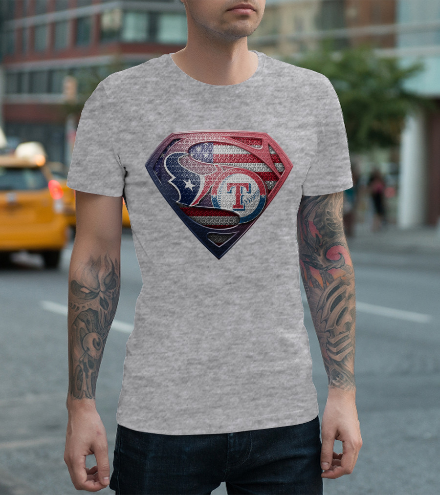 Superman Shield Houston Texans And Texas Rangers American Flag T-Shirt