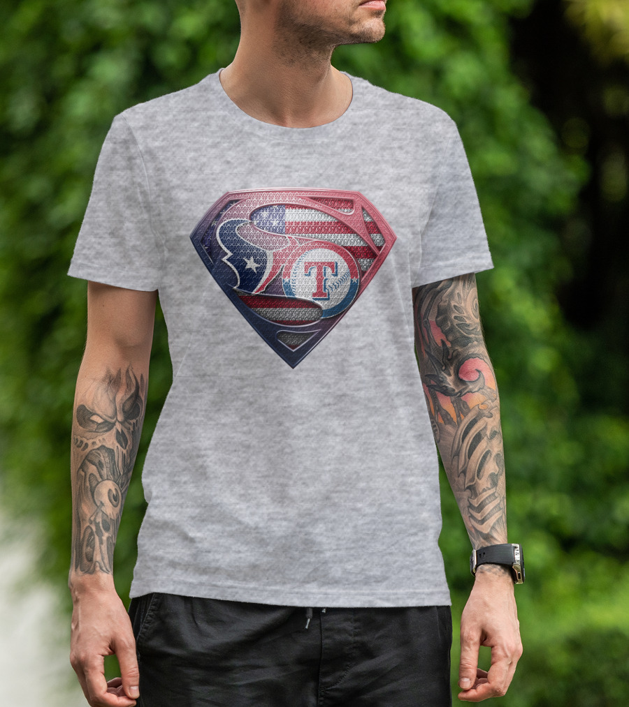 Superman Shield Houston Texans And Texas Rangers American Flag T-Shirt
