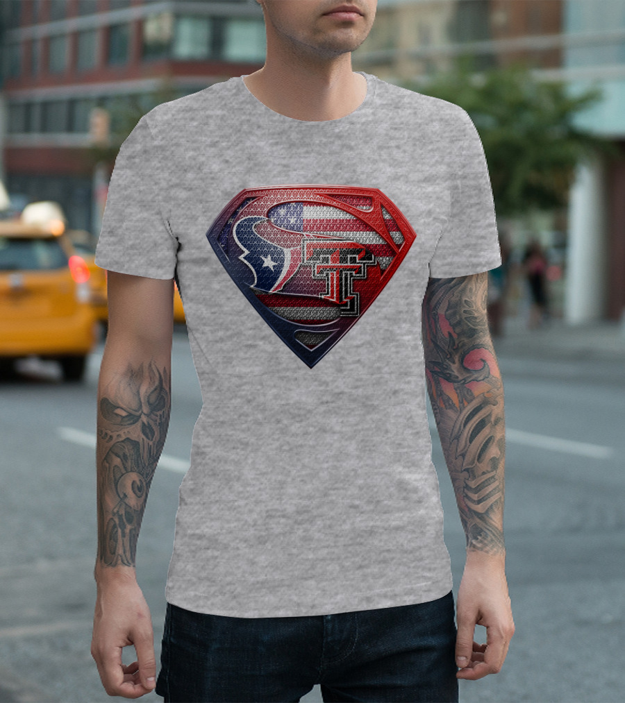 Superman Shield Texas Tech Red Raiders Houston Texans Usa Flag T-Shirt
