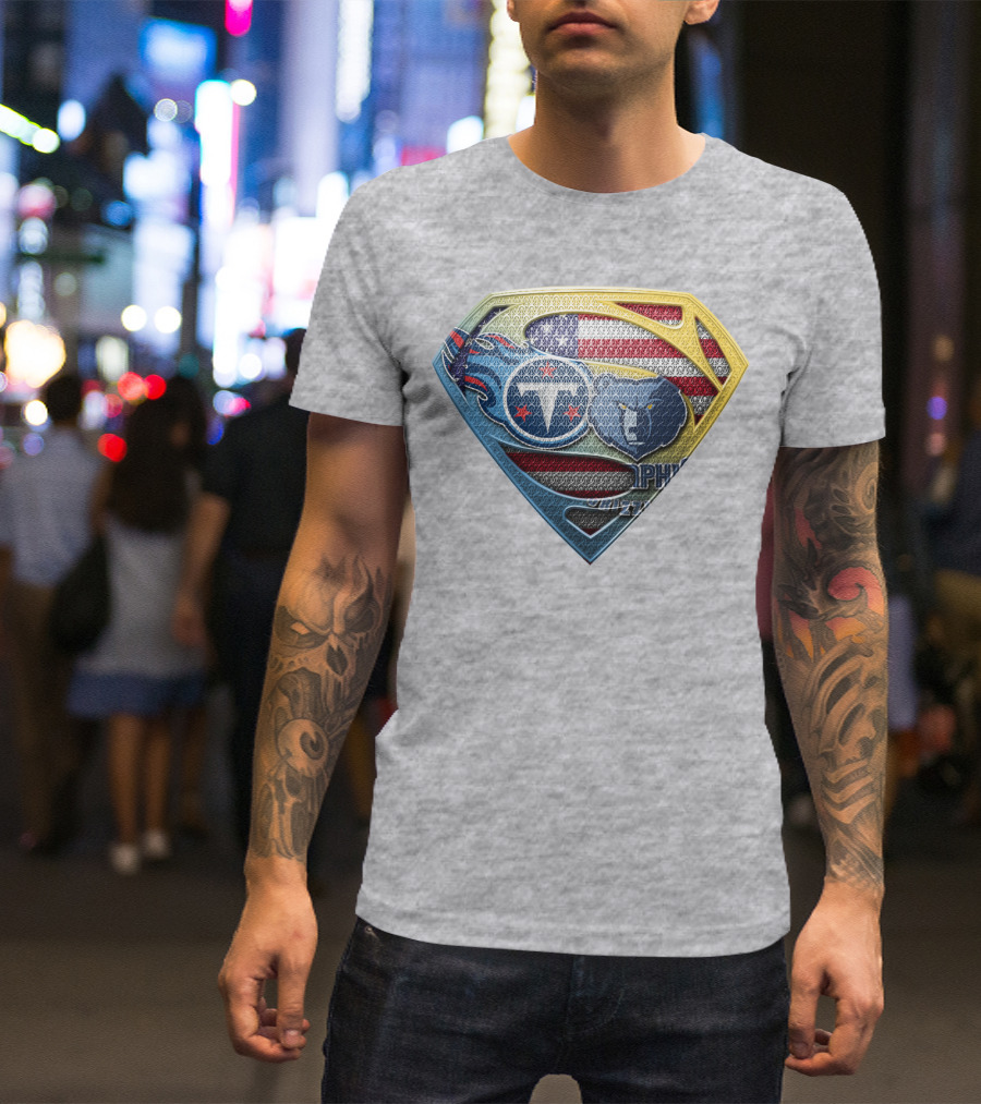 Tennessee Titans And Memphis Grizzlies Superman Shield American Flag T-Shirt