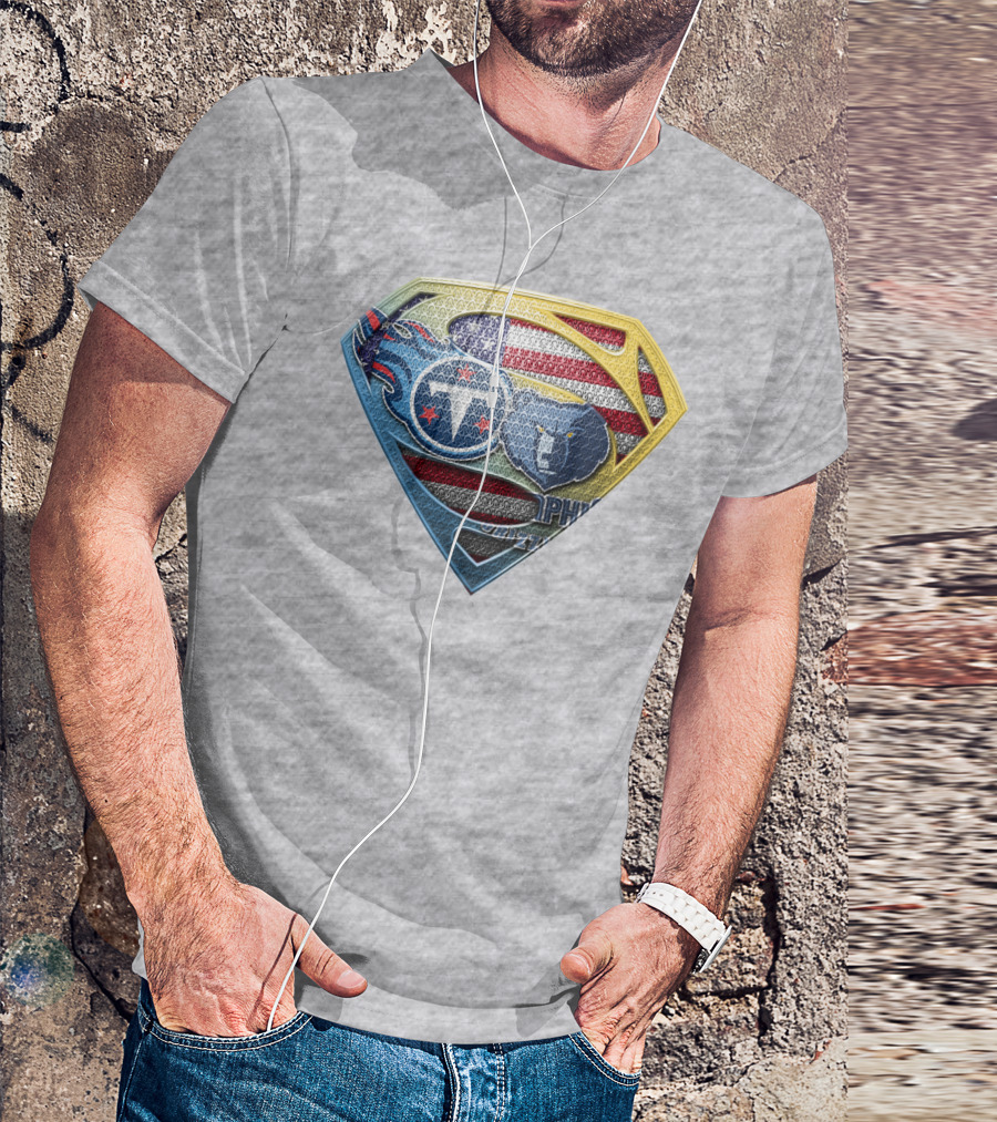 Tennessee Titans And Memphis Grizzlies Superman Shield American Flag T-Shirt