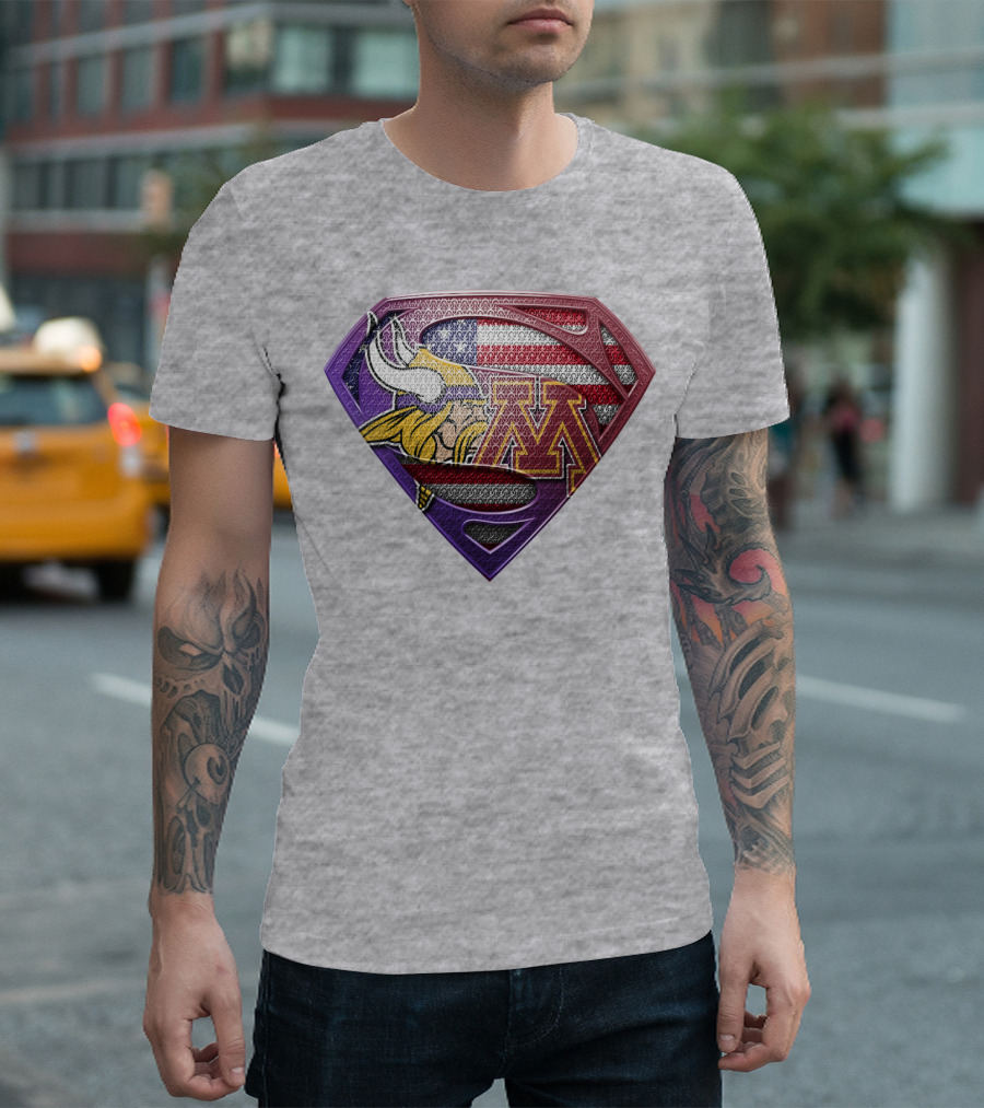 Minnesota Vikings And Golden Gophers American Flag Superman T-Shirt