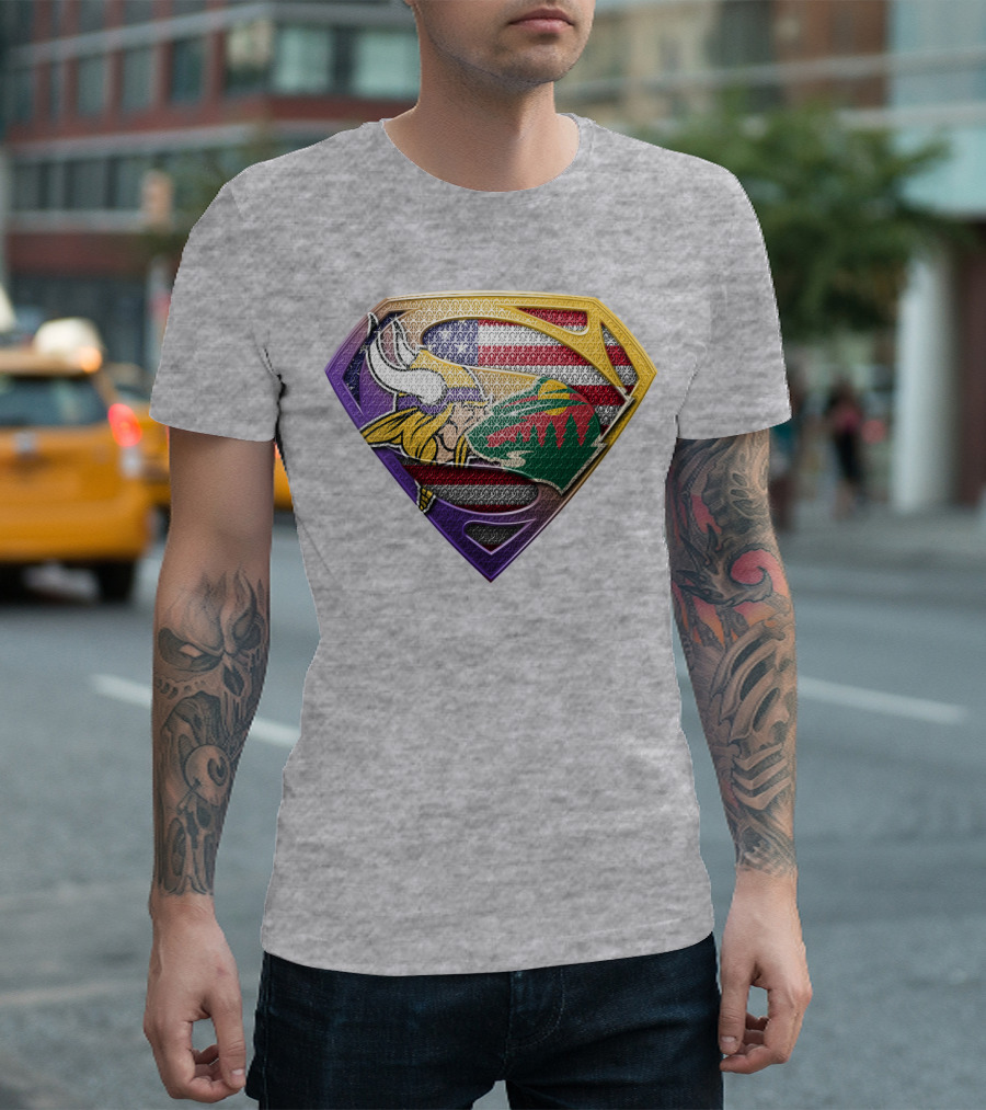 Superman Shield Minnesota Vikings Wild Usa Flag Combination T-Shirt