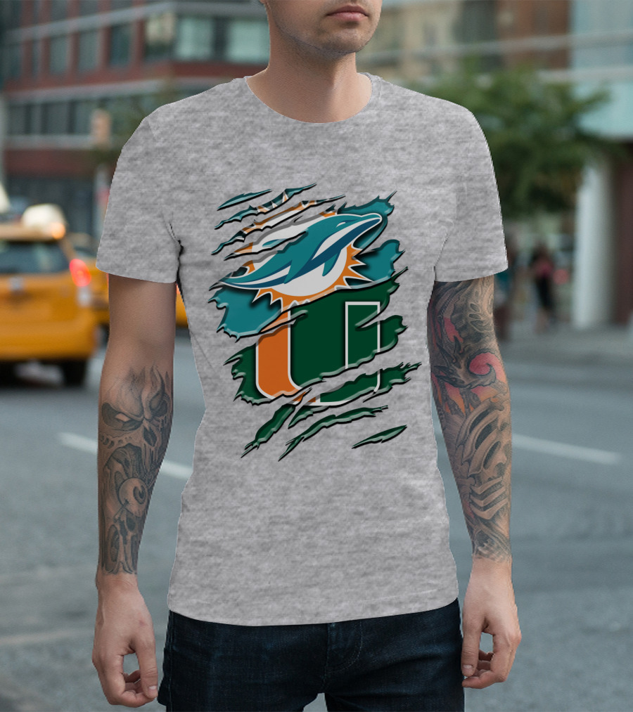 Miami Dolphins And University Of Miami Hurricanes Torn Design Rah 052 T-Shirt