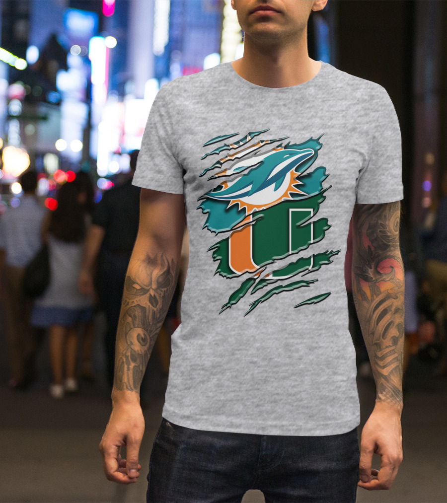 Miami Dolphins And University Of Miami Hurricanes Torn Design Rah 052 T-Shirt
