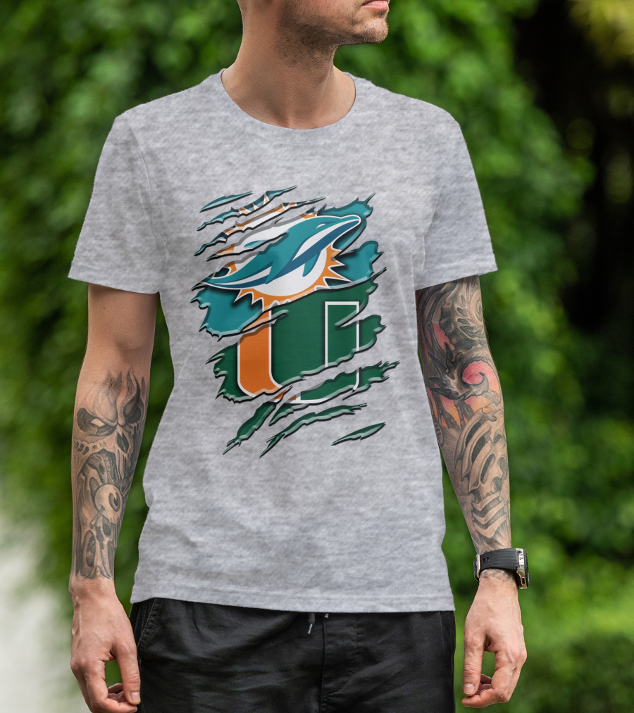 Miami Dolphins And University Of Miami Hurricanes Torn Design Rah 052 T-Shirt
