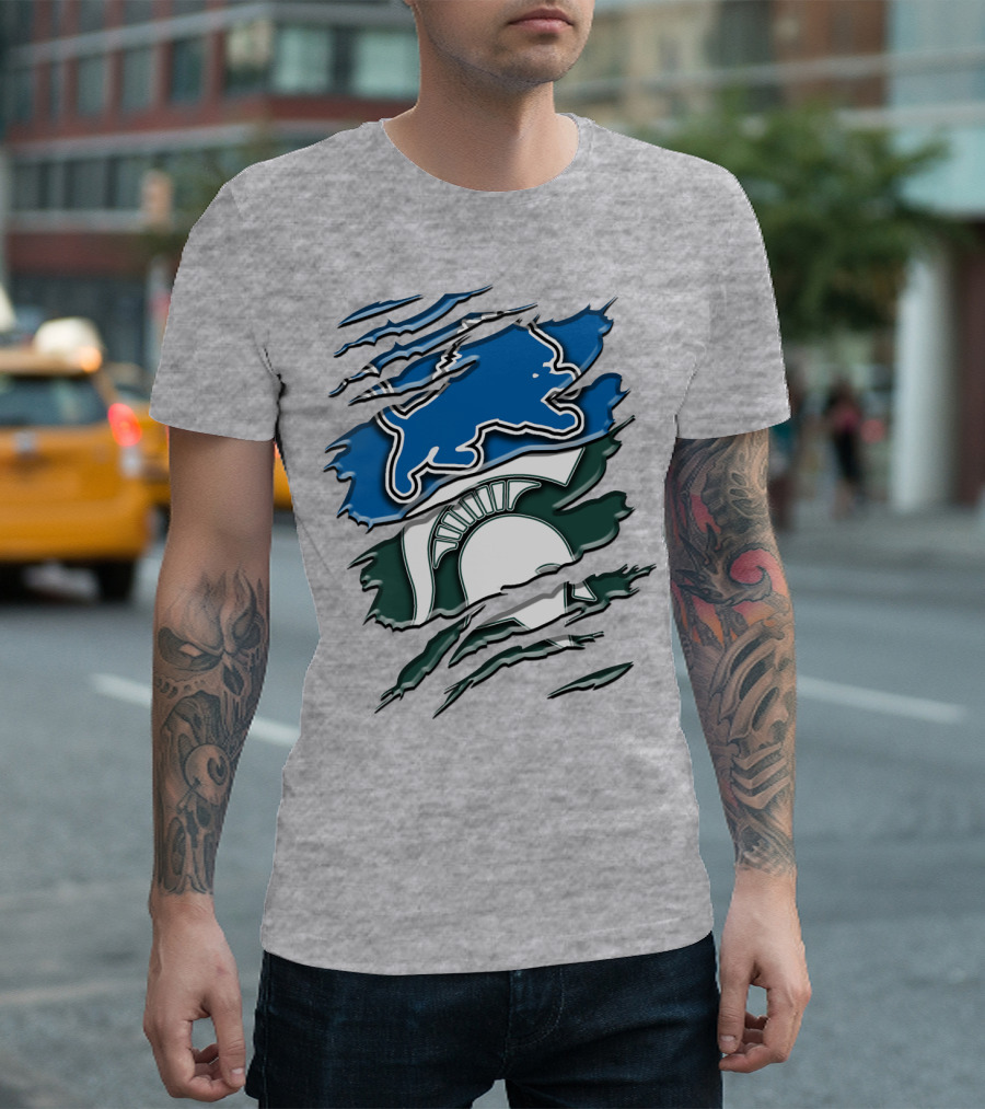 Detroit Lions Michigan State Spartans Ripped Claw Scratch Design Rah 076 T-Shirt