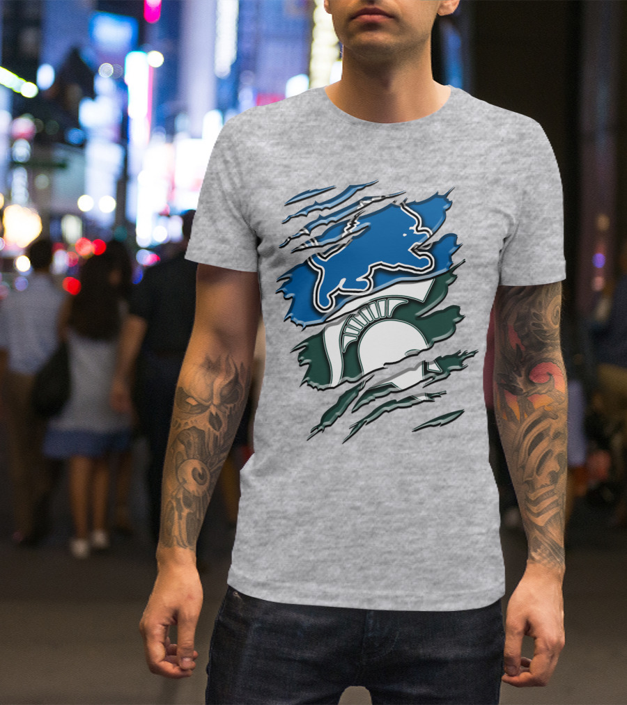 Detroit Lions Michigan State Spartans Ripped Claw Scratch Design Rah 076 T-Shirt
