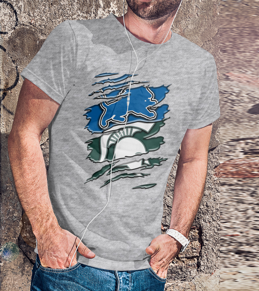 Detroit Lions Michigan State Spartans Ripped Claw Scratch Design Rah 076 T-Shirt