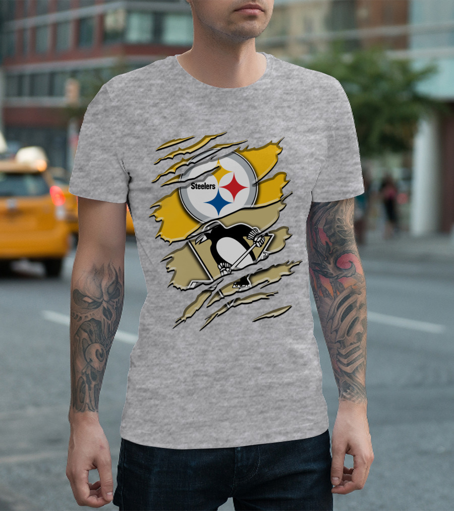 Steelers Penguins Torn Scratches Logo Collaboration T-Shirt