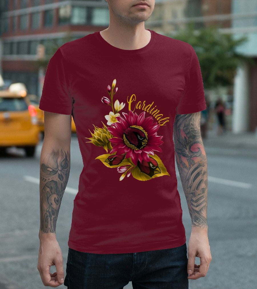 Cardinals Floral Sunflower And Bird Art On Red T-Shirt