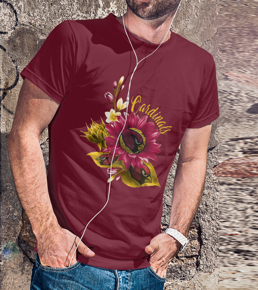 Cardinals Floral Sunflower And Bird Art On Red T-Shirt
