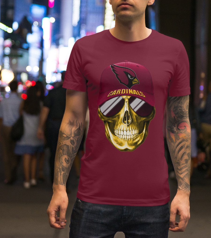 Arizona Cardinals Skull With Hat And Sunglasses T-Shirt