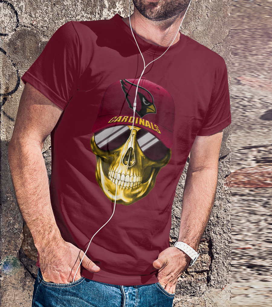 Arizona Cardinals Skull With Hat And Sunglasses T-Shirt
