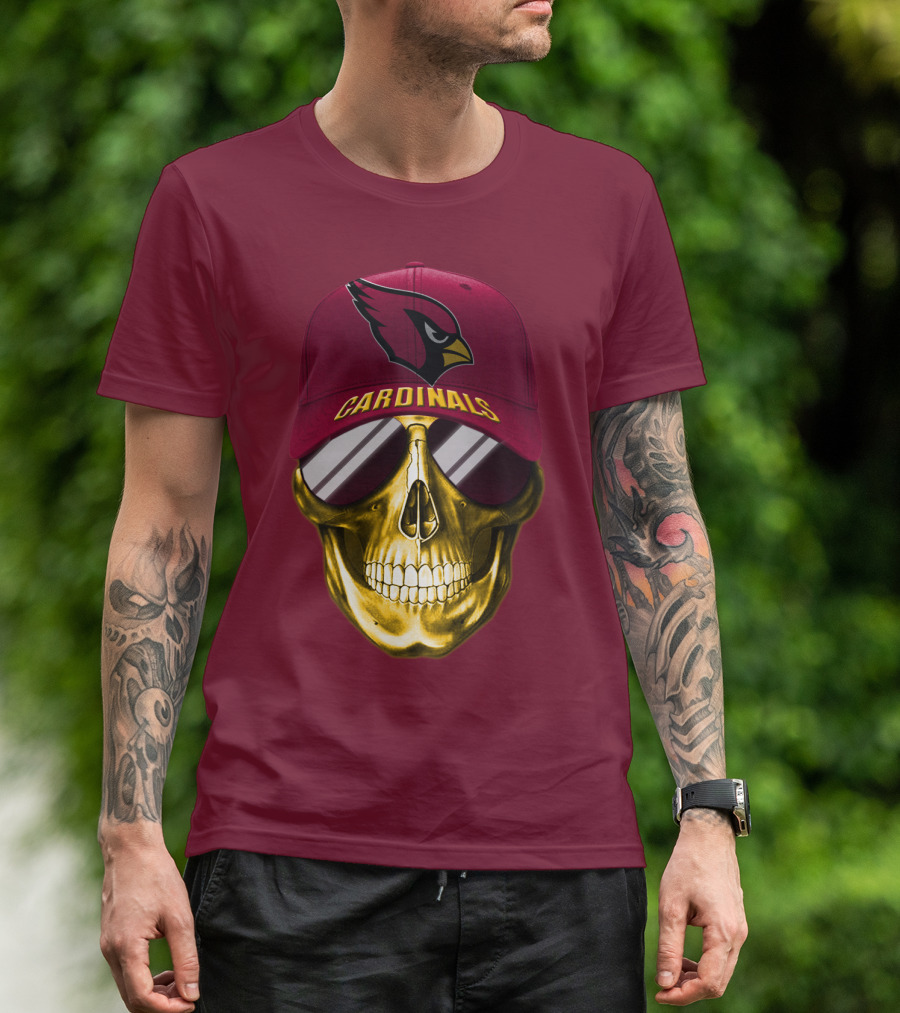 Arizona Cardinals Skull With Hat And Sunglasses T-Shirt