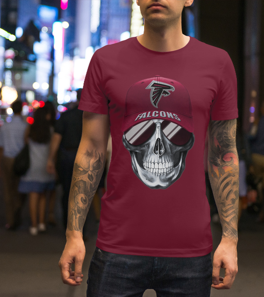 Atlanta Falcons Skull With Logo Hat And Sunglasses T-Shirt
