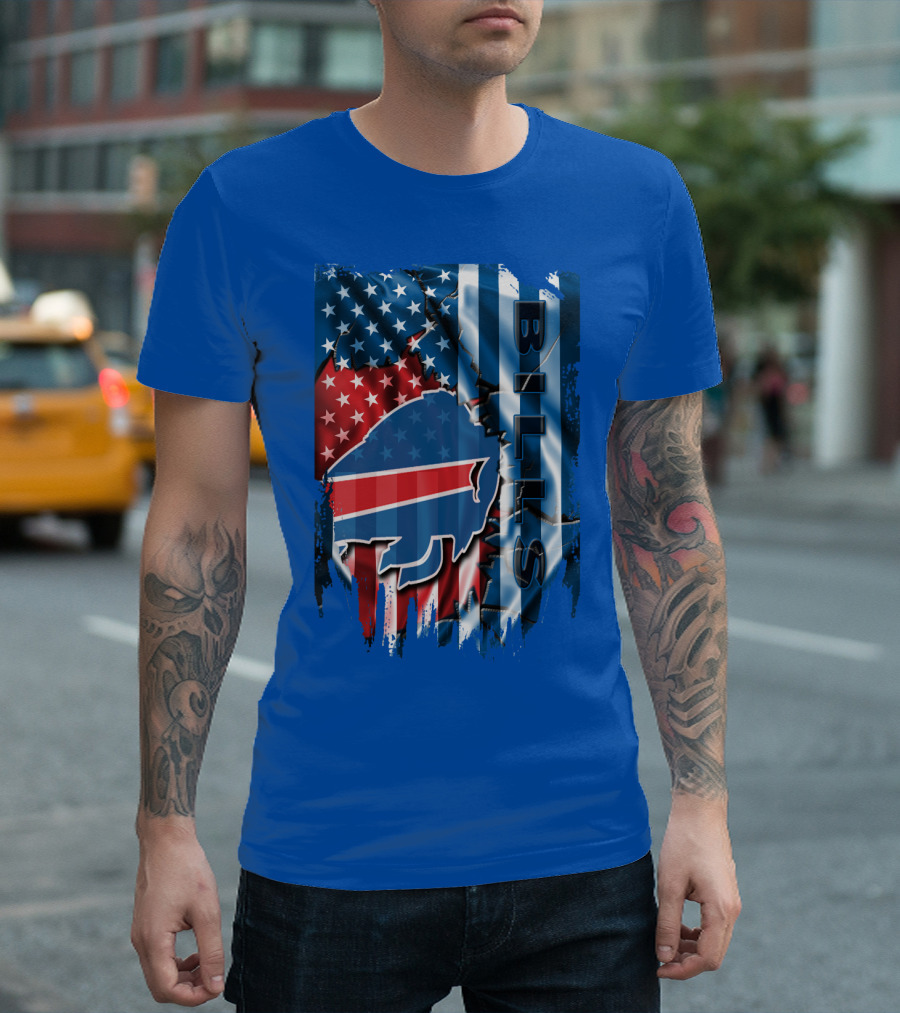 Buffalo Bills American Flag Collage With Team Logo And Bold Vertical T-Shirt