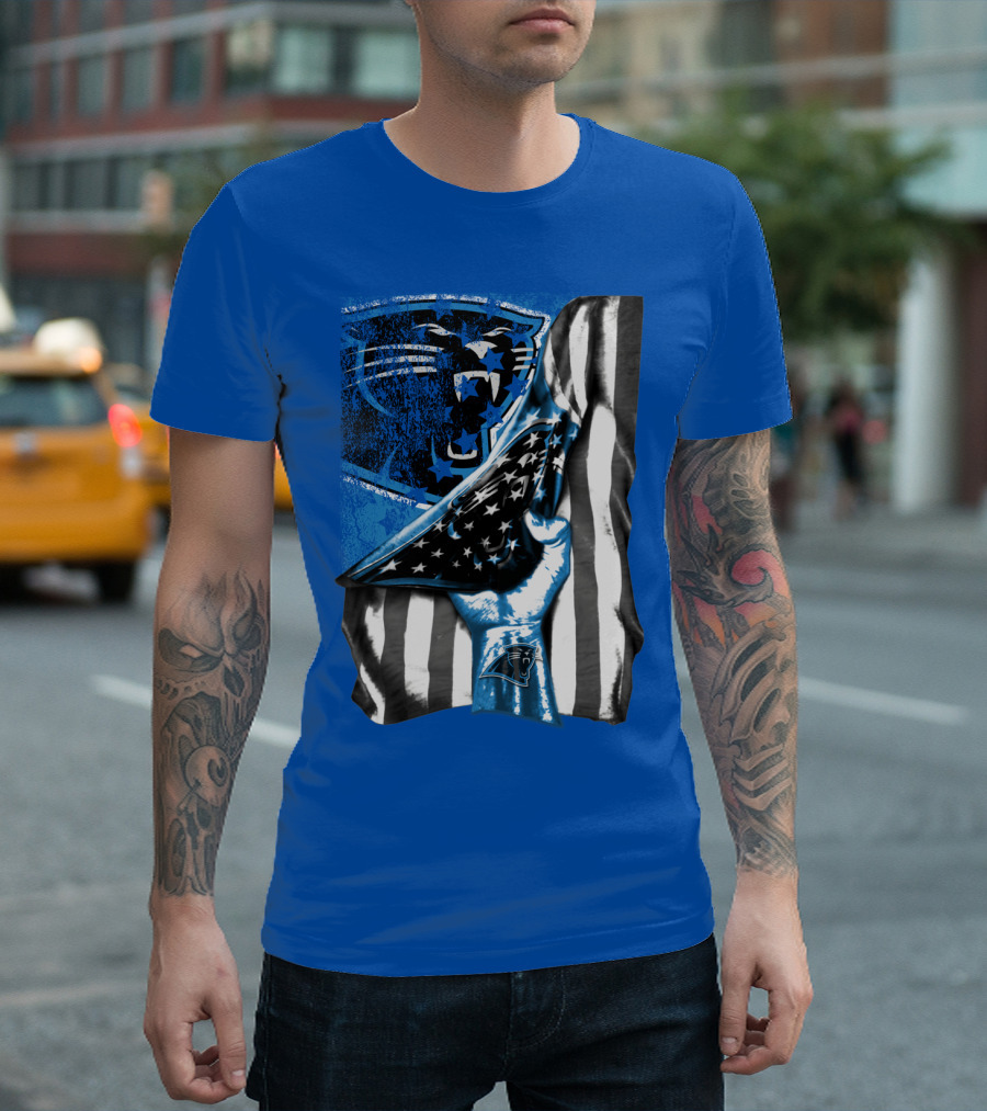 Carolina Panthers American Flag Hand Blue Graphic Fan Merchandise T-Shirt