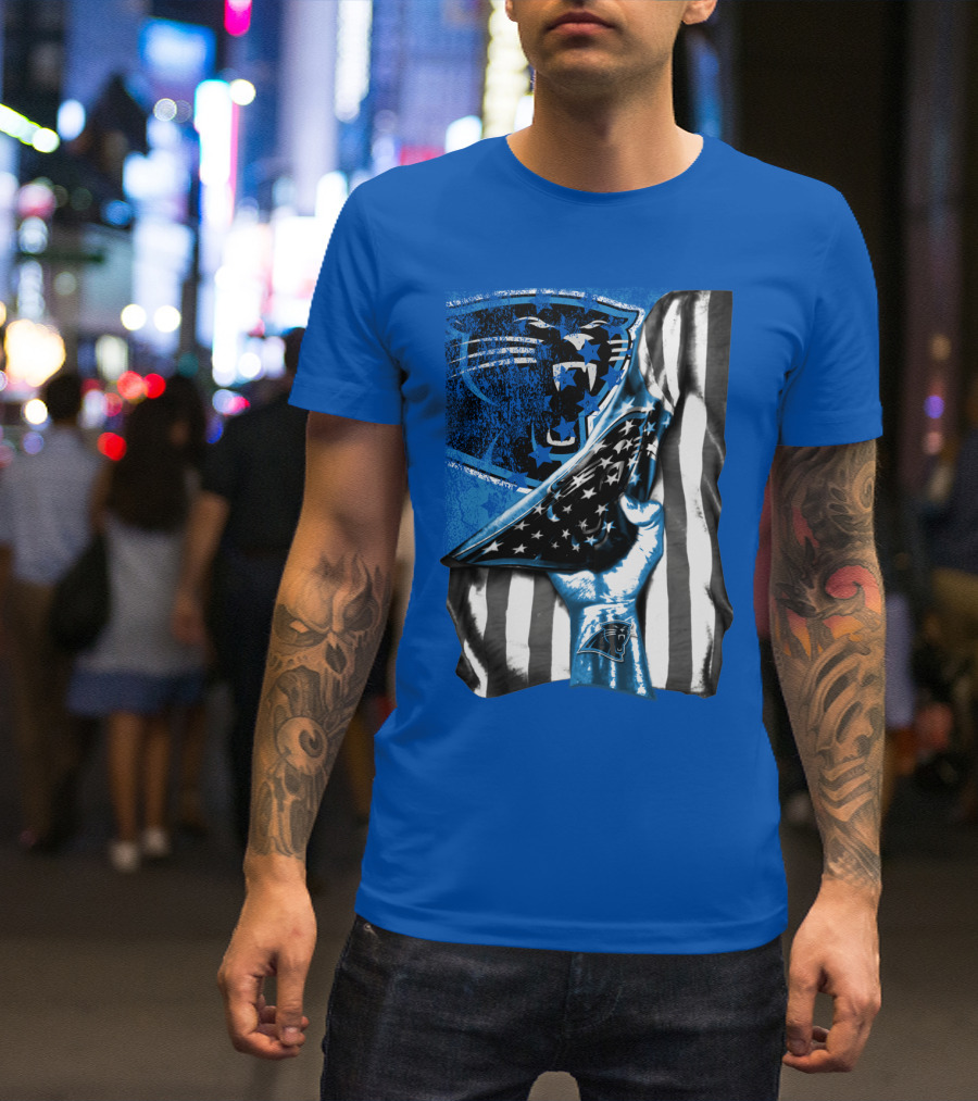 Carolina Panthers American Flag Hand Blue Graphic Fan Merchandise T-Shirt