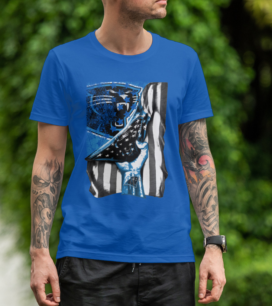 Carolina Panthers American Flag Hand Blue Graphic Fan Merchandise T-Shirt